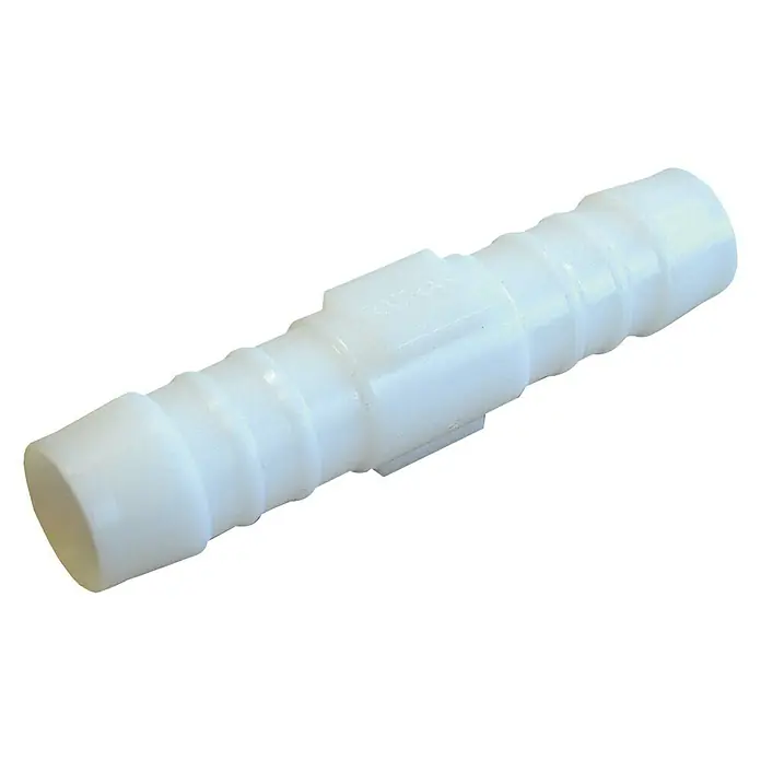 Manguito de unión rápida Smplast - 16 mm - Imagen de un conector de manguera de plástico blanco, utilizado para conectar dos mangueras en fontanería o riego.