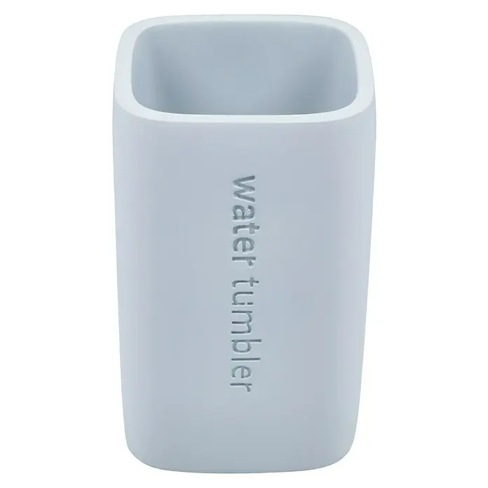Venus Nara Zahnputzbecher - Polyresin, Blau - Nahaufnahme eines hellblauen, quadratischen Wasserbechers mit abgerundeten Kanten und der Aufschrift "water tumbler".