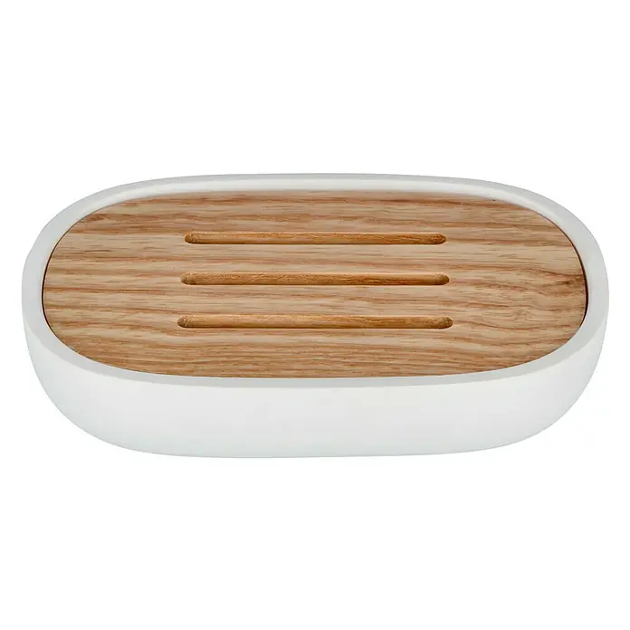 Venus Katta Seifenschale - Weiß, Polyresin - Ovale Seifenschale mit Holzrost und weißem Rand. Ideal für Badezimmer und Küche, um Seife sauber und trocken zu halten.