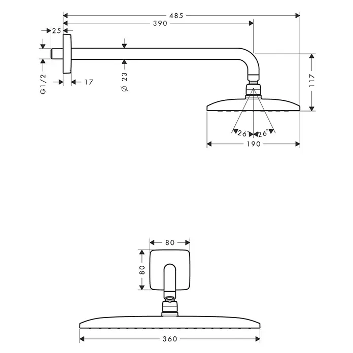 Hansgrohe Kopfbrausen-Set Raindance E 360 - 19 x 36 cm, 17 l/min, Wandmontage, Chrom - Technische Zeichnung einer Hansgrohe Raindance Rainfall 180 Kopfbrause mit Maßangaben.