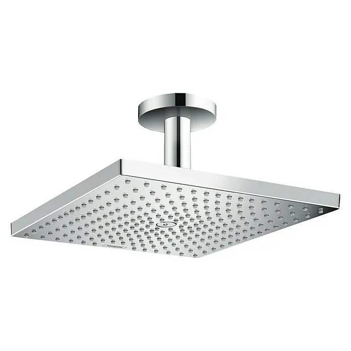 Hansgrohe Kopfbrausen-Set Raindance E 300 - 30 x 30 cm, 17 l/min, Deckenmontage, Chrom - Abgebildet ist ein quadratischer Kopfbrause, der mit Chrom beschichtet ist und eine moderne Ästhetik für das Badezimmer bietet.