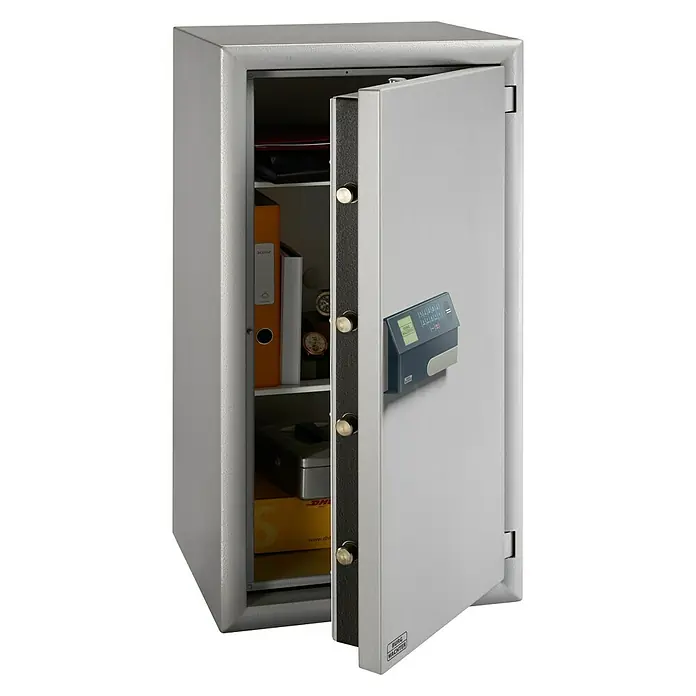 Burg-Wächter Diplomat Sicherheitsschrank MTD 780 EF P - L x B x H: 462 x 500 x 985 mm, Silber, Art Schloss: Elektronisches Zahlenschloss, VdS geprüft, ECB-S zertifiziert EN 1300, Klasse 2/B - Offener grauer Tresor mit elektronischem Schloss und verschiedenen Gegenständen im Inneren für erhöhte Sicherheit.