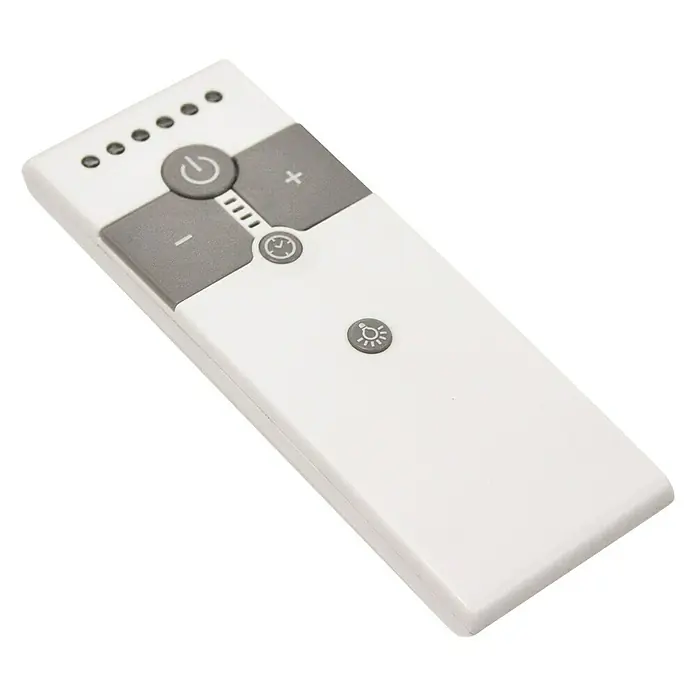 Arte confort Ventilador de techo Nevis - Blanco, 92 cm, Multicolor - Primer plano de un mando a distancia blanco con botones grises para controlar varias funciones.