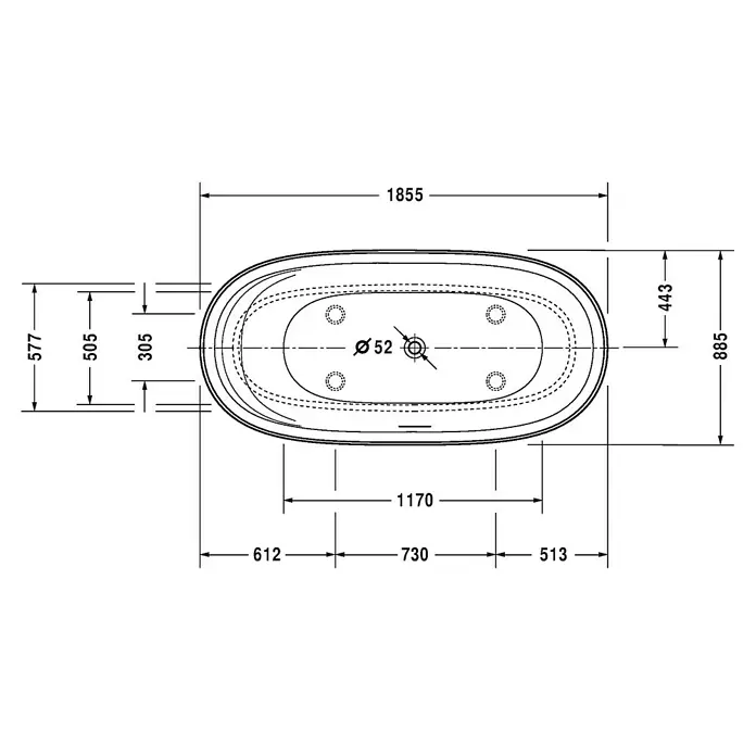 Duravit Cape Cod Freistehende Badewanne - L x B: 185,5 x 88,5 cm, Mineralguss, Weiß - Technische Zeichnung einer ovalen Badewanne mit Bemaßung zur Installation.