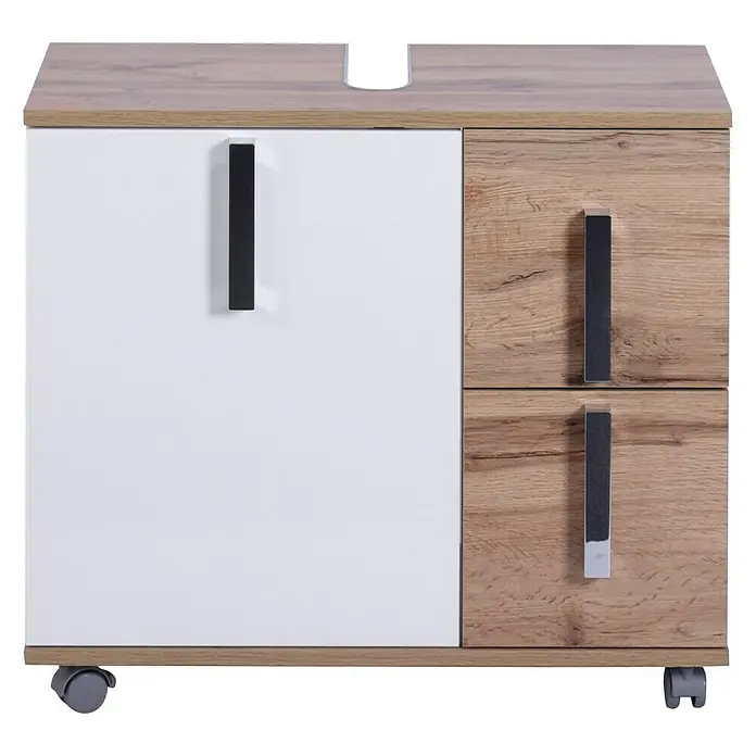 Schildmeyer Luca Waschtischunterschrank - 65 x 32 x 60 cm, Weiß/Wotaneiche - Modernes Badezimmer-Waschbeckenunterschrank mit einer Tür und zwei Schubladen in Holz- und Weißoptik.