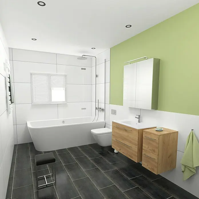Camargue Espacio Waschtischunterschrank - 80 x 46 x 60 cm, 2 Schubkästen, Doce - Badezimmer mit Badewanne, Dusche, Waschtisch mit Holzunterschrank und WC. Die grüne Wand sorgt für einen frischen Akzent im Raum.
