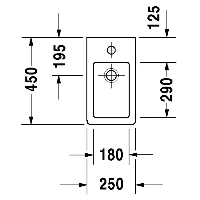 Duravit Vero Waschbecken - B x L: 25 x 45 cm, Mit schmutzabweisender Glasur, Hahnloch: Mitte, Mit Überlauf, Weiß - Technische Zeichnung eines Waschbeckens mit Bemaßungen für Installation und Design, die eine klare Darstellung der Abmessungen bietet.