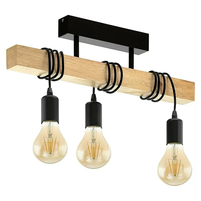 Eglo Townshend Plafón - 180 W, 55 x 10,5 x 26,5 cm, Negro, 3 ud., E27 - Lámpara de techo con tres bombillas Edison, base de madera y detalles en negro para un look industrial moderno.