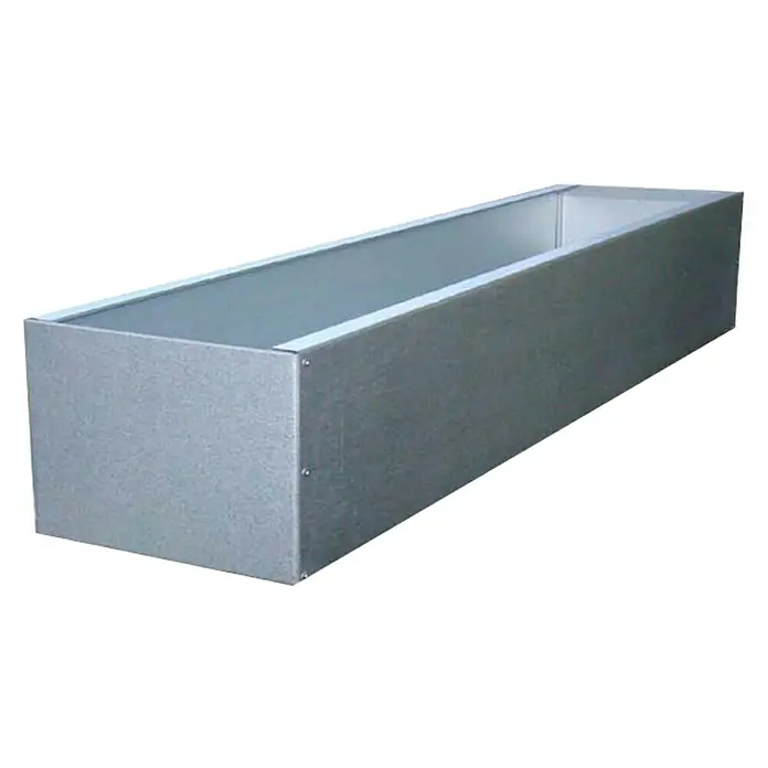 WMT Pflanzkasten - L x B x H: 100 x 14 x 10 cm, Silber, Geeignet für: Stabgitterzäune, Stahl - Nahaufnahme einer rechteckigen, silberfarbenen Pflanzkiste aus Metall, die sich ideal für den Garten oder den Innenbereich eignet.