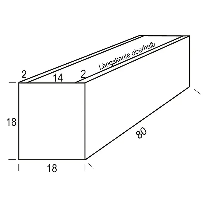 WMT Pflanzkasten RAL 7016 - L x B x H: 80 x 18 x 18 cm, Anthrazit, Geeignet für: Stabgitterzäune, Stahl - Schemazeichnung eines rechteckigen Kastens mit Abmessungen. Die Länge beträgt 80, die Breite 18 und die Höhe 18.