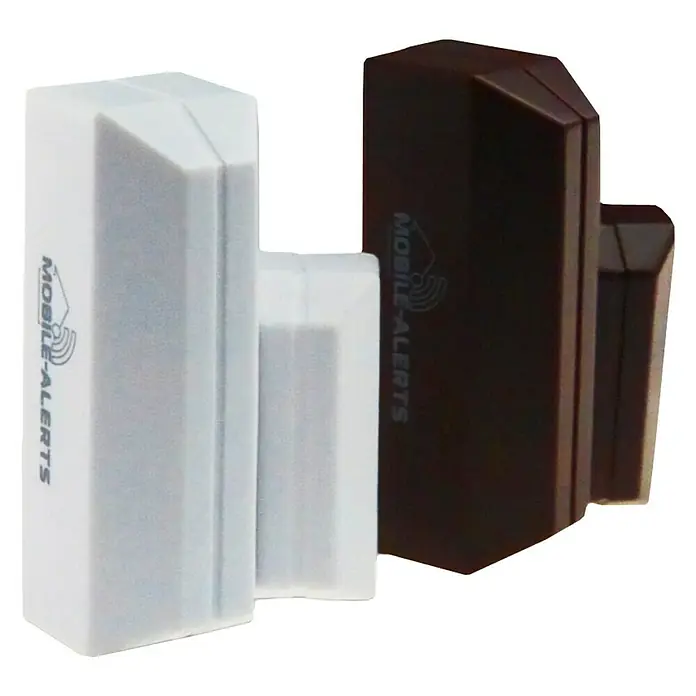 Mobile-Alerts Funk-Fensterkontakt MA 10800-3 - Batteriebetrieben, 3 Stk., Weiß, Schwarz, 1,9 x 1,8 x 5,3 cm - Dieses Bild zeigt zwei Mobile-Alerts Tür- und Fensterkontakte, einmal in Weiß und einmal in Braun, für die Sicherheit Ihres Zuhauses.