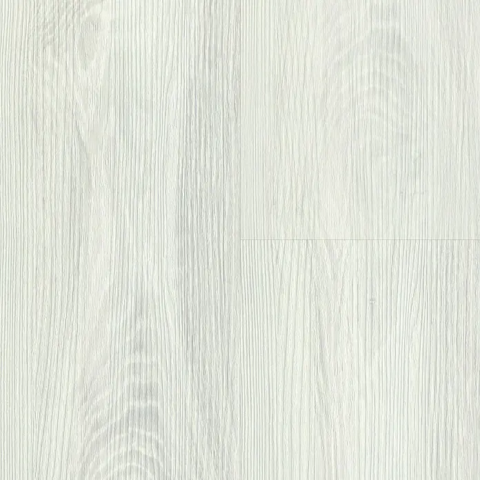Decolife Vinylboden Comfort - Glacial Oak, Landhausdiele, 1.220 x 185 x 10,5 mm - Detailaufnahme von weißem Holzlaminatboden mit feiner Maserung, ideal für moderne Innenräume, die eine helle und saubere Optik suchen.