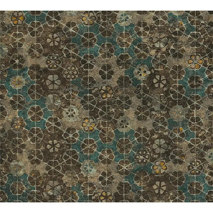 A.S. Création New Walls Vliestapete Mosaik - Türkis, Fliesenoptik, 10,05 x 0,53 m - Abstraktes Muster mit floralen Elementen in Braun-, Blau- und Gelbtönen, ideal für Textilien oder Wanddekorationen.