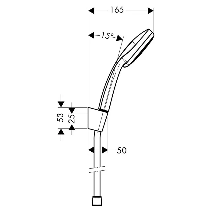 Hansgrohe Croma 100 Brause-Set Vario - Anzahl Funktionen: 4 Stk., Durchmesser Handbrause: 10 cm, Chrom - Produktzeichnung einer Handbrause mit Maßangaben, die die Abmessungen und den Neigungswinkel des Duschkopfes zeigen.