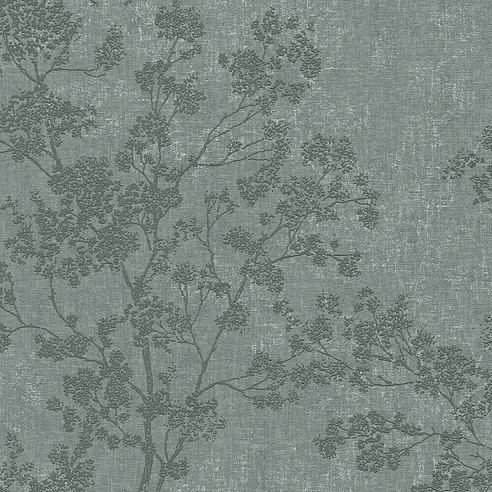 A.S. Création New Walls Vliestapete Bäume - Dunkelgrün, Floral, 10,05 x 0,53 m - Nahaufnahme einer grünen Tapete mit geprägtem Baumzweig-Muster, die Textur und Design hervorhebt.