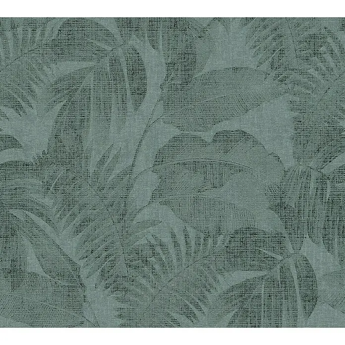 A.S. Création New Walls Vliestapete Dschungel - Dunkelgrün, Floral, 10,05 x 0,53 m - Detailaufnahme einer Wandtapete mit tropischem Blättermuster in gedeckten Grüntönen, die eine ruhige und natürliche Atmosphäre schafft.