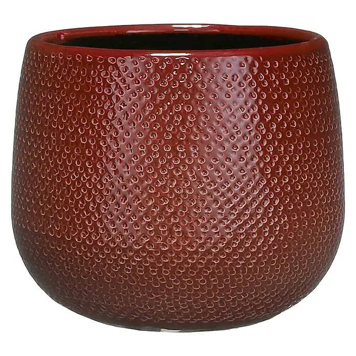 Mica Decorations Übertopf rund Gabriel - Außenmaß (Ø x H): 18 x 16 cm, Bordeaux, Keramik - Nahaufnahme eines burgunderroten Blumentopfs mit einer genoppten Textur und einem glänzenden Finish. Ein stilvolles Gefäß für Pflanzenliebhaber.