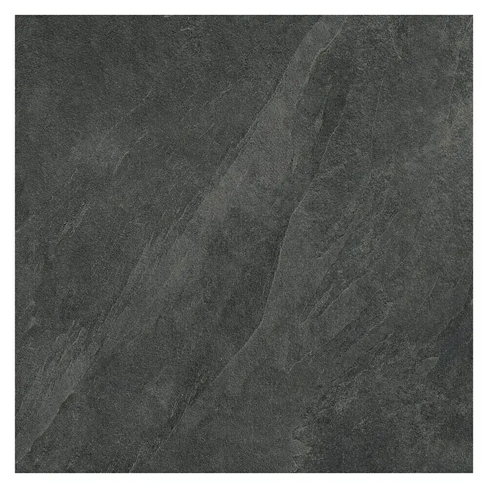 Terrassenfliese Click and Go Ardesia Black - 60 x 60 cm, Schwarz, Matt - Nahaufnahme einer quadratischen, schwarzen Schieferfliese mit einer rauhen, strukturierten Oberfläche für Wand- oder Bodenbeläge.