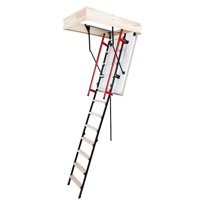 Bodentreppe Polar Plus - 120 x 70 cm, Wärmedämmung: 0,36 W/(m²K) - Eine ausklappbare Bodentreppe mit rotem und schwarzem Rahmen und hellen Holzstufen, die zu einem Dachboden führt.