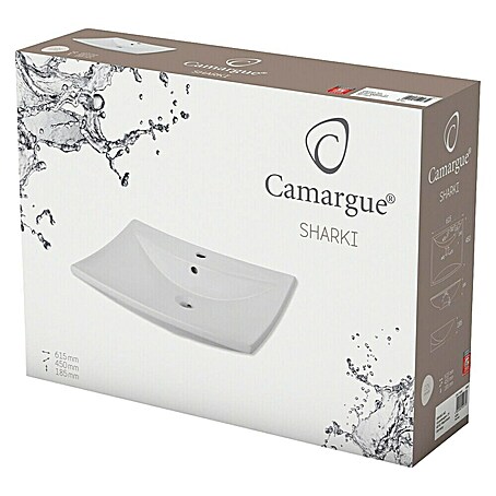 Camargue Waschtisch Sharki (61,5 x 45 cm, Ohne Spezialglasur, Hahnloch: Mitte, Mit Überlauf, Weiß)