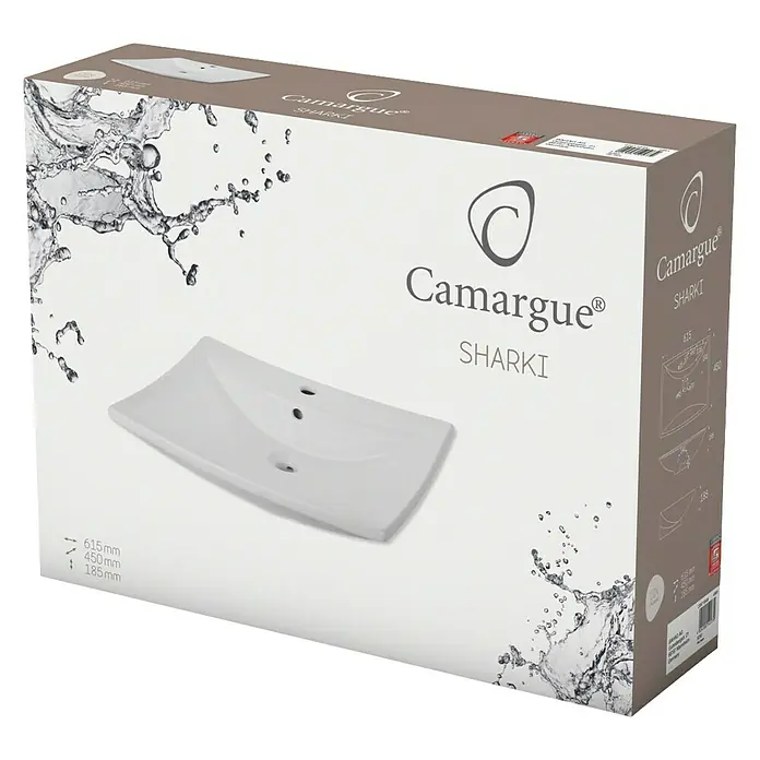 Camargue Waschtisch Sharki - 61,5 x 45 cm, Ohne Spezialglasur, Hahnloch: Mitte, Mit Überlauf, Weiß - Verpackung des Camargue SHARKI Waschbeckens mit Produktbild und Maßangaben.