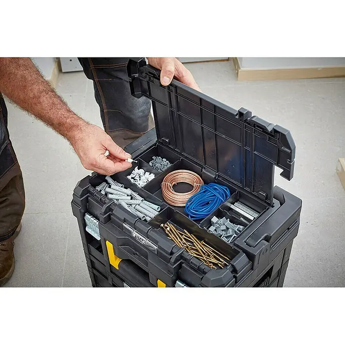 Stanley TSTAK Caja para herramientas FMST1-71967 - An x Pr x Al: 33,17 x 44 x 18,5 cm, Plástico - Caja de herramientas con compartimentos para tornillos, tacos y cables, ideal para artesanos y aficionados al bricolaje.