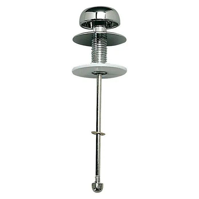 Botón tirador recto para cisterna baja - Cromo - Una bisagra de asiento de inodoro metálica con un acabado brillante. Esta bisagra es una pieza de repuesto esencial para la mayoría de los modelos de asientos de inodoro.