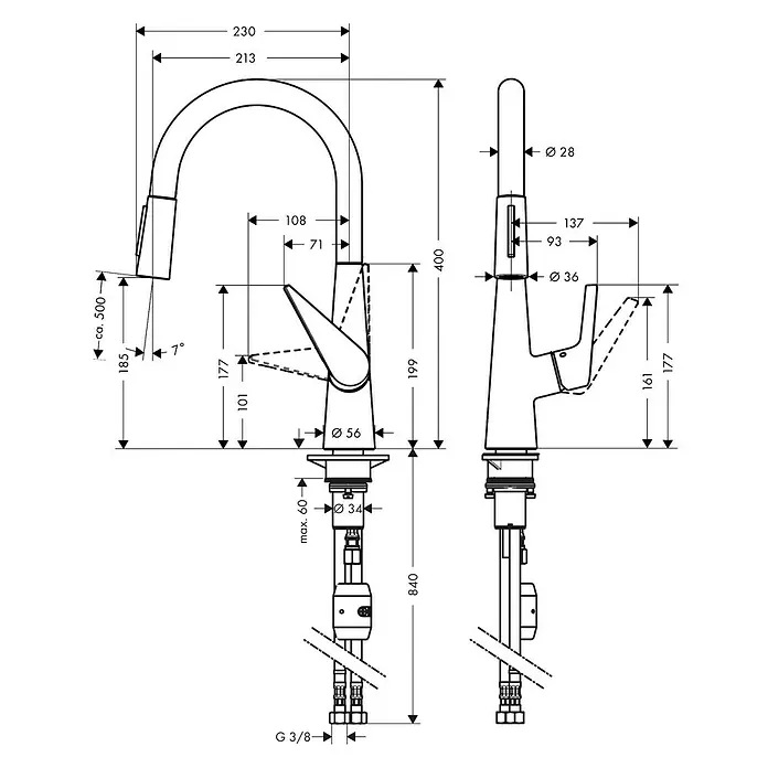 Hansgrohe Talis Spültischarmatur 200 - Chrom, Glänzend - Abbildung eines Wasserhahns mit Maßen. Das Bild zeigt die genauen Abmessungen des Wasserhahns für Installationszwecke.