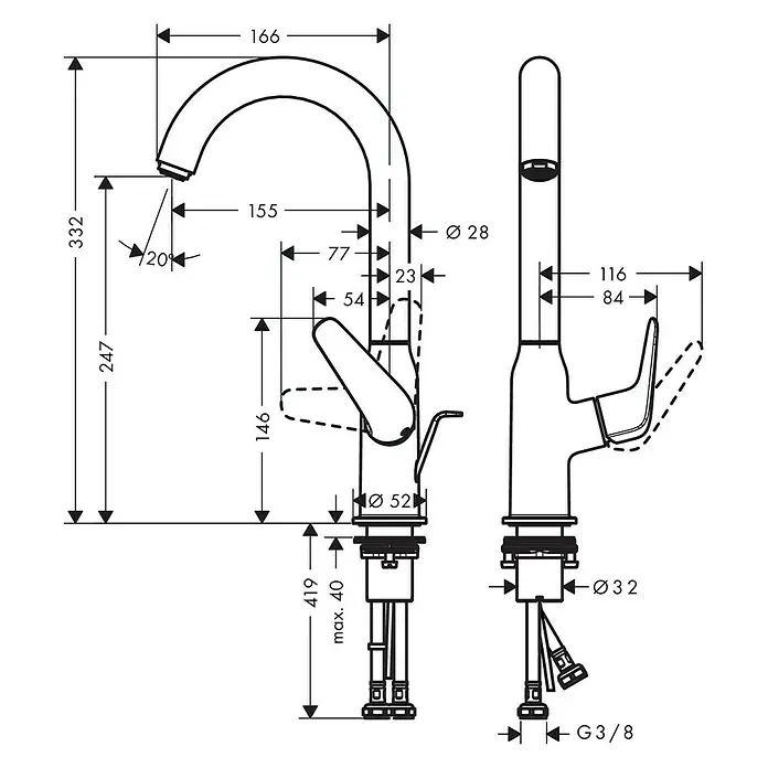 Hansgrohe Novus Waschtischarmatur 240 - Chrom, Glänzend - Maßzeichnung einer Küchenarmatur, die die genauen Abmessungen und Designmerkmale des Produkts detailliert darstellt.
