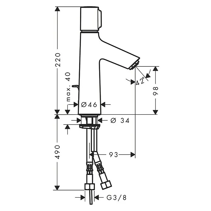 Hansgrohe Talis Select Waschtischarmatur S 100 - Chrom, Glänzend - Abbildung einer Waschtischarmatur mit Maßangaben, die die Höhe, Ausladung und Durchmesser der Armatur zeigen.\n