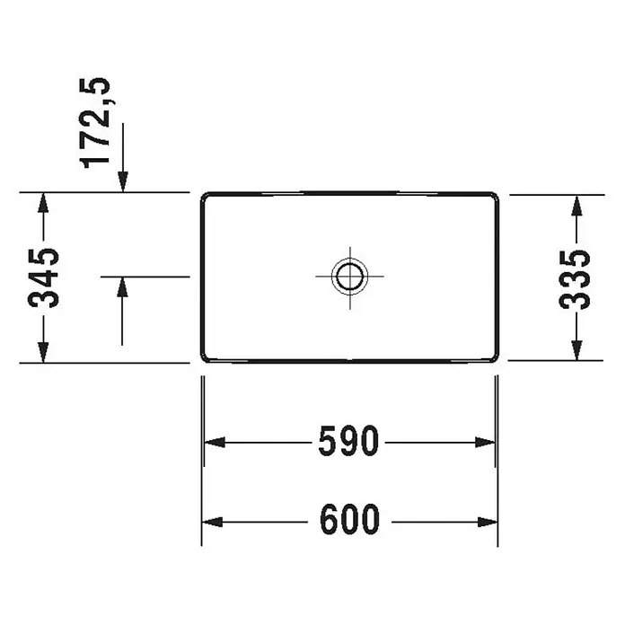 Duravit DuraSquare Aufsatzwaschbecken - 60 x 34,5 cm, Ohne Spezialglasur, Hahnloch: Ohne, Ohne Überlauf, Weiß - Technische Zeichnung eines rechteckigen Waschbeckens mit den Maßen 600x345mm und einem Beckenabstand von 172,5mm.