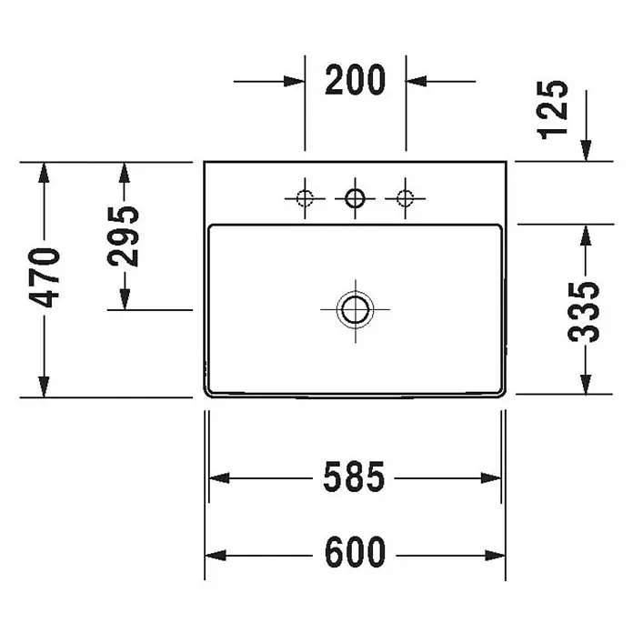Duravit DuraSquare Waschtisch - 60 x 47 cm, Ohne Spezialglasur, Hahnloch: Ohne, Ohne Überlauf, Weiß, Ungeschliffen - Abbildung der technischen Zeichnung eines rechteckigen Waschbeckens mit Bemaßung.