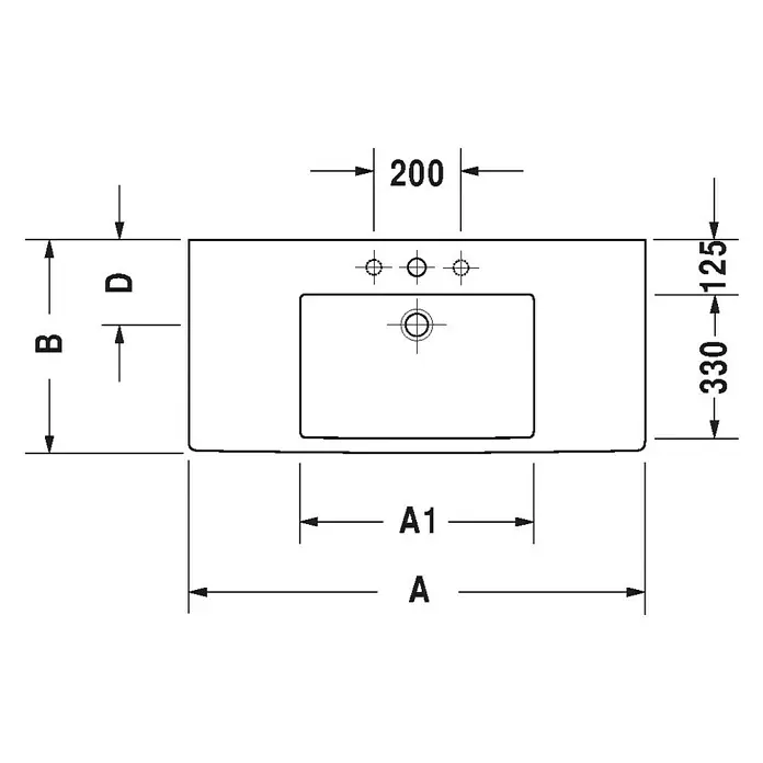 Duravit Vero Waschtisch - 125 x 49 cm, Mit schmutzabweisender Glasur, Hahnloch: Mitte, Mit Überlauf, Weiß, Ungeschliffen - Abbildung eines Waschbeckenunterschranks mit Maßangaben A, A1, B, D, 200, 330 und 125 zur detaillierten Produktansicht.