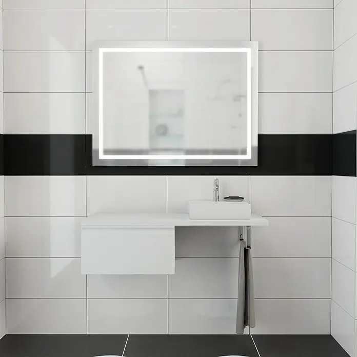 Camargue Espacio Waschtischplatte - 120 x 46 x 3,2 cm, Weiß - Ein modernes Badezimmer mit einem beleuchteten Spiegel und einem weißen Waschbecken mit Unterschrank.