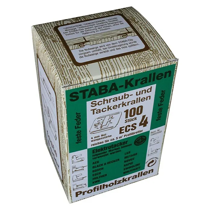 Staba Schraub- & Tackerkrallen ECS 4 - Stärke Nutwange: 4 mm, 100 Stk. - Schraub- und Tackerkrallen von STABA-Krallen: 100 Stück ECS 4 für 5 m² Profilbretter, passend für Elektrotacker verschiedener Marken.