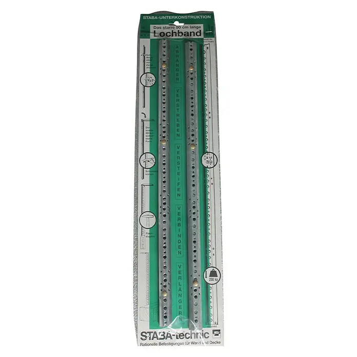 Starres Lochband - 10 Stk. - Lochband von STABA-Technic zur rationellen Befestigung für Wand und Decke. Das starre Band ist 50 cm lang und trägt bis zu 200 kg.