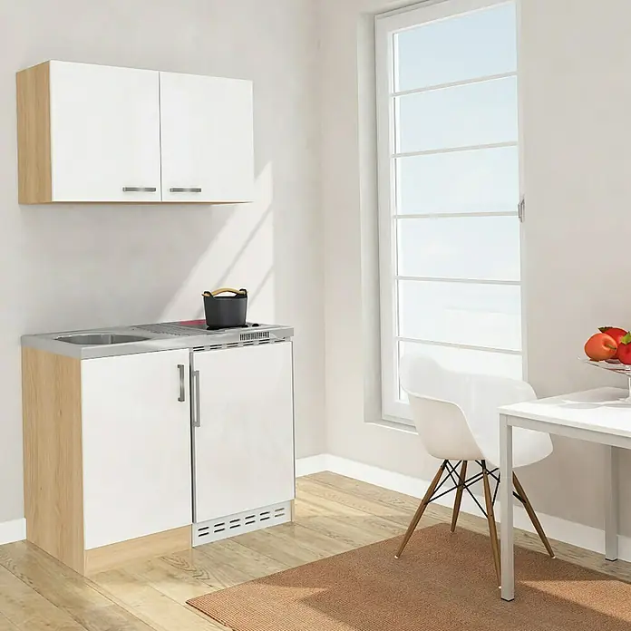 Respekta Minicocina MK100ESWOSCS - Ancho: 100 cm, Blanco, Con vitrocerámica, Con módulo de pared - Una unidad de cocina compacta con fregadero, fogones y almacenamiento, complementada con armarios de pared, proporciona funcionalidad en un espacio pequeño.