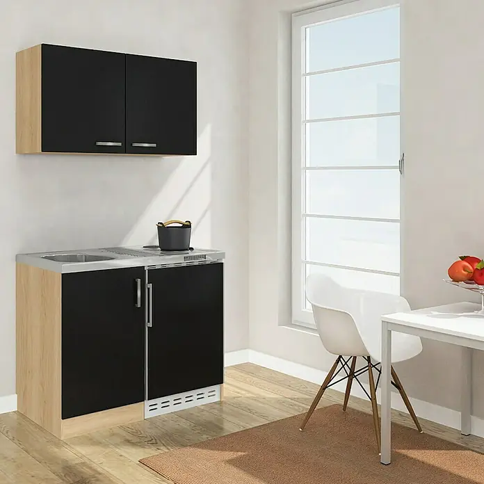 Respekta Minicocina Levin - Ancho: 100 cm, Negro, Con placa de cocción doble, Con armario superior - Imagen de un armario de cocina compacto con frentes negros y detalles de madera clara, ideal para espacios pequeños.