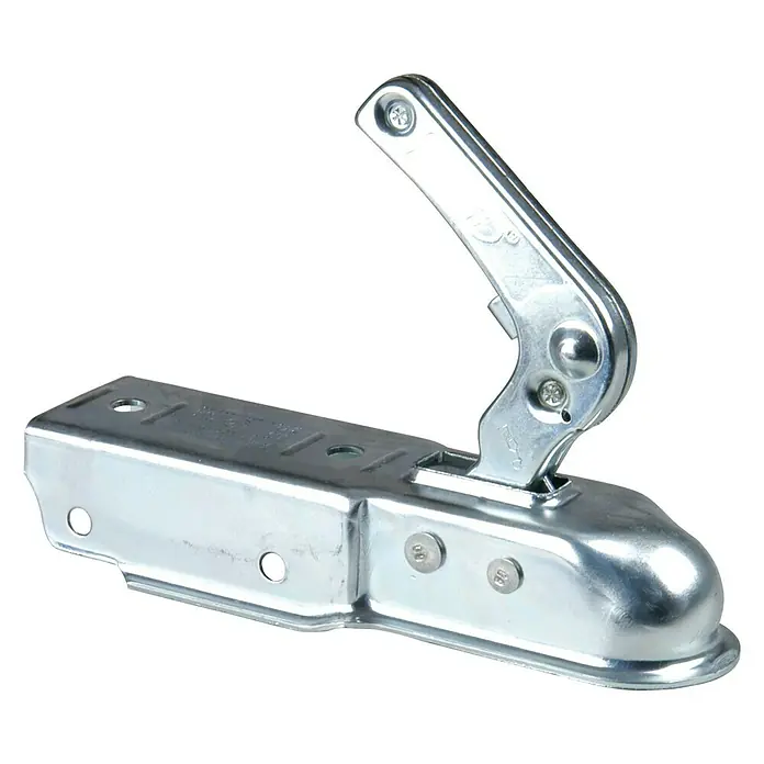 UniTEC Kupplungsklaue - Geeignet für: Anhänger - Nahaufnahme einer Anhängerkupplung aus Metall mit Hebelmechanismus.