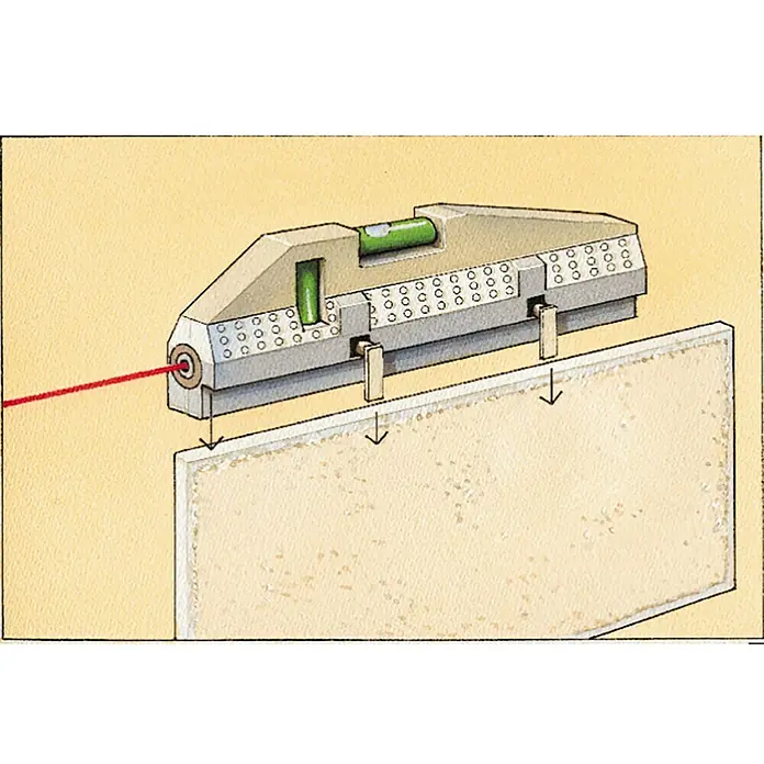 Laserliner Laserwasserwage HandyLaser Plus - Max. Arbeitsbereich: 50 m - Abbildung eines Laser-Wasserwaagen-Tools, das an einer Wand befestigt ist, um ein Objekt zu befestigen.