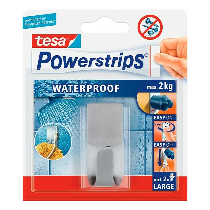 Tesa Powerstrips Waterproof Wandhaken - 1 Stk., Edelstahl - Bild einer Verpackung der Tesa Powerstrips Waterproof Haken. Diese Haken sind wasserfest und können bis zu 2 kg tragen. Sie lassen sich leicht anbringen und entfernen.