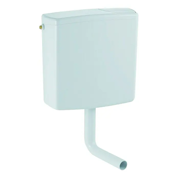 Geberit Spülkasten 140.300.11.1 - Weiß, Spülmenge: 3 l - 9 l, 13,8 x 41 x 40,5 cm - Ein weißer Spülkasten mit einem Abflussrohr vor einem schwarzen Hintergrund.