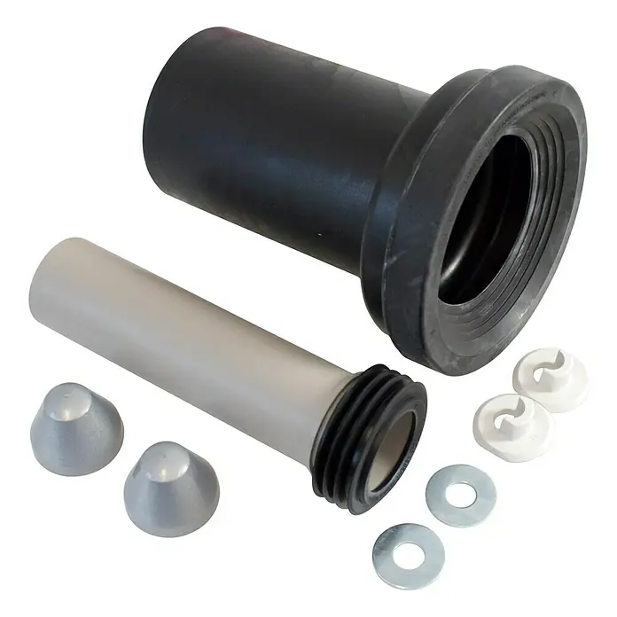 Geberit Anschlussgarnitur 152.426.46.1 - Durchmesser: 90 mm, Schwarz - Hier sind WC-Anschlüsse: ein schwarzer und ein grauer, zusammen mit Zubehör für die Installation.