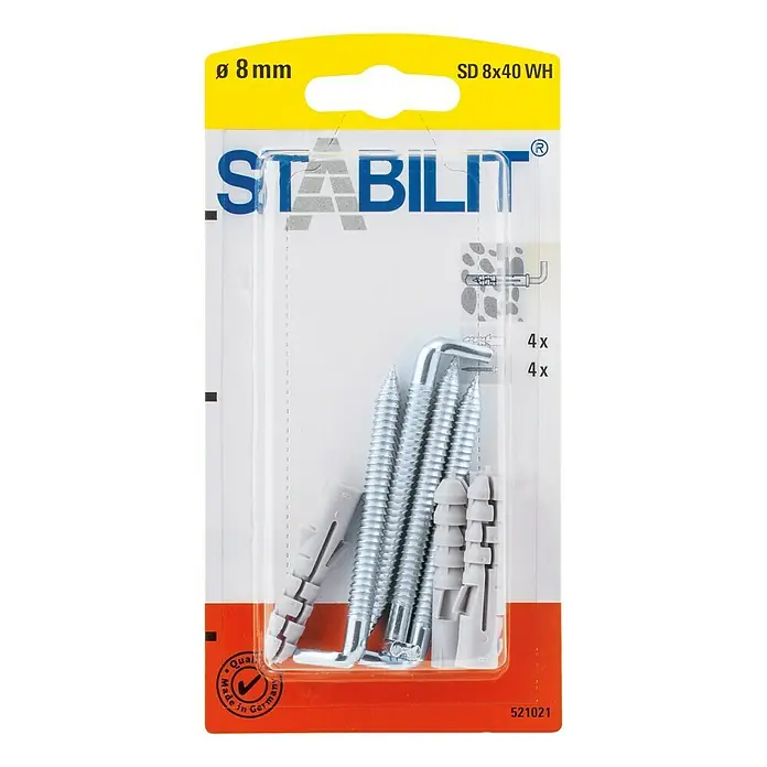 Stabilit Spreizdübel - Durchmesser Dübel: 8 mm, Länge Dübel: 40 mm, 4 Stk., Mit Haken - Produktbild einer Packung Stabilit SD 8x40 WH Schrauben mit Dübeln und einem Schraubenschlüssel, ideal für Befestigungen im Haushalt.