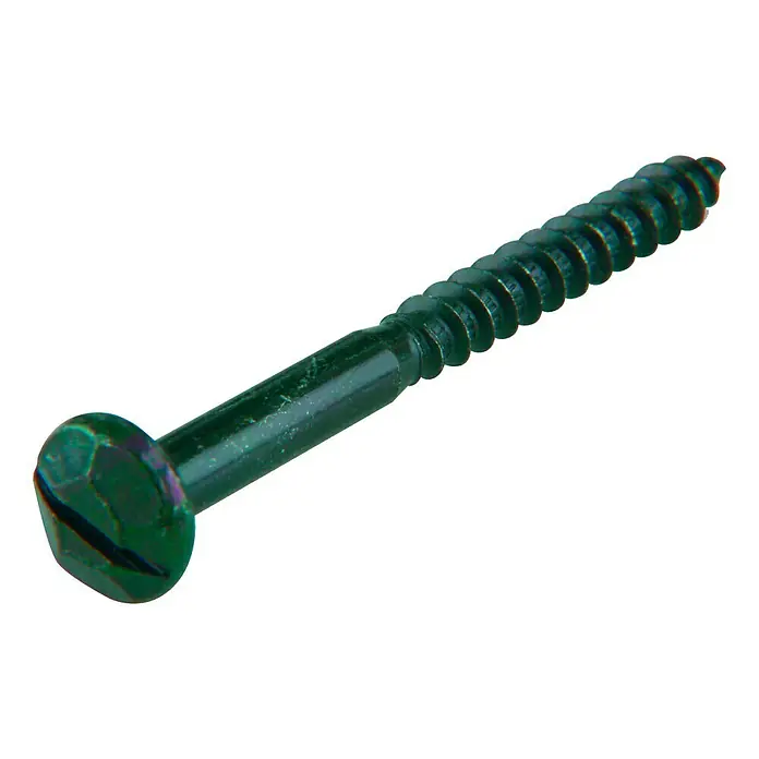 Stabilit HolzschraubeØ x L: 4 x 40 mm, Verzinkt, 16 Stk., Schmiedekopf, Schlitz - Nahaufnahme einer grünen Holzschraube mit flachem Kopf und Gewinde. Ideal für Holzbearbeitungsprojekte.