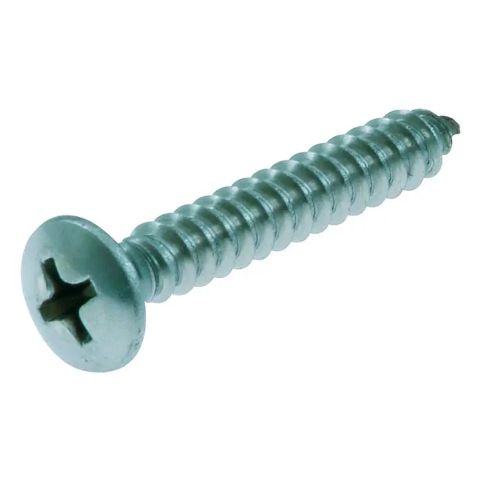 Blechschraube - Ø x L: 2,9 x 25 mm, 20 Stk., Edelstahl, Kopf-Kreuzschlitz (Phillips), Linsenkopf - Nahaufnahme einer einzelnen silbernen Kreuzschlitzschraube vor einem weißen Hintergrund.