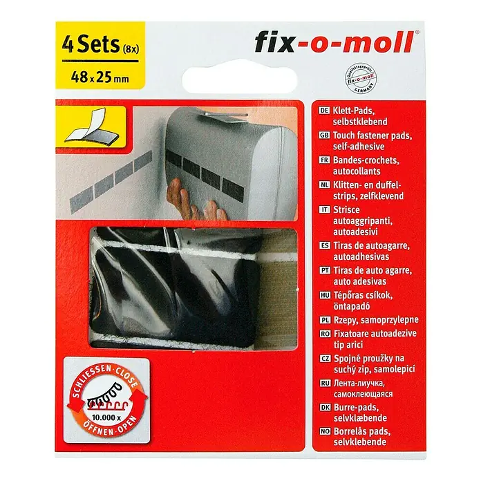 Fix-o-moll Klettpad - 48 x 25 mm, Grau/Schwarz, Kleben, 4 Stk. - Bild von Fix-o-moll Klett-Pads, selbstklebend, 4 Sets (8x), 48x25 mm, zur einfachen Befestigung von Gegenständen.
