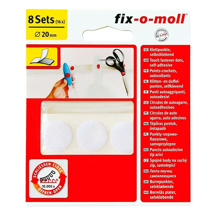 Fix-o-moll Klettpunkt - Durchmesser: 20 mm, Weiß, Kleben, 8 Stk. - Bild der "fix-o-moll" Klettpunkte, selbstklebend, mit 8 Sets (16 Stück) und einem Durchmesser von 20 mm, ideal zum Befestigen von Gegenständen.