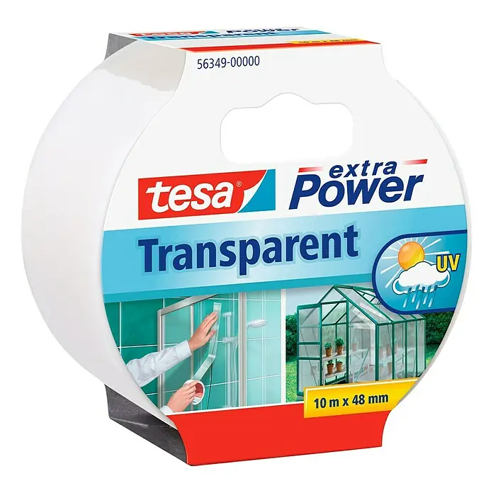 Tesa Extra Power Reparaturband - 10 m x 48 mm - Abbildung einer Rolle Tesa Extra Power Transparent Klebeband, geeignet für Glasreparaturen und UV-beständig.