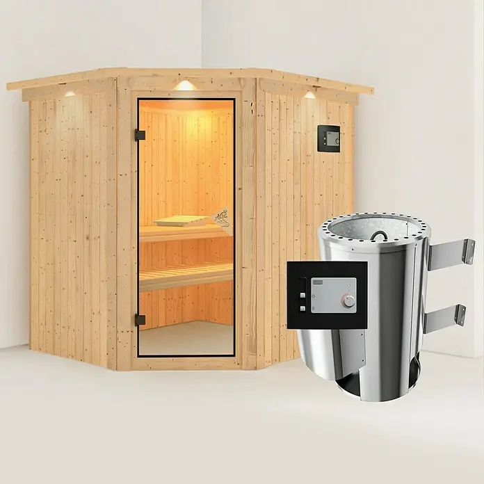 Karibu Elementsauna Lilja - Mit 3,6 kW Ofen mit externer Steuerung, Mit Dachkranz und Beleuchtung, L x B x H: 210 x 184 x 192 cm - Nahaufnahme einer Sauna mit Holzkabine und einem Ofen mit Bedienfeld. Ein entspannendes Wellnesserlebnis.